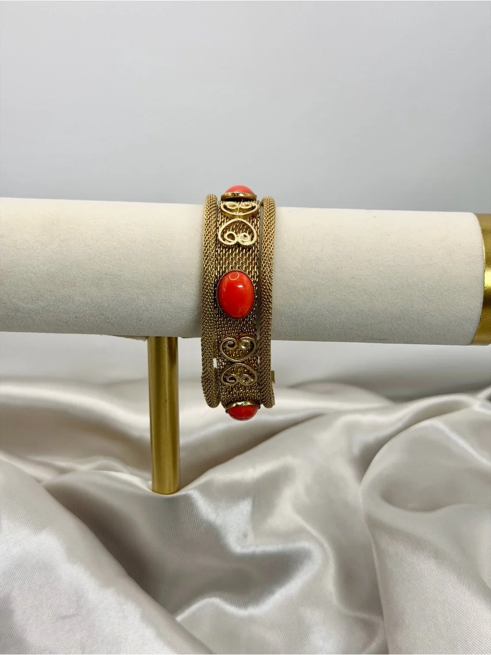 Vintage Gold-Tone Mesh Bracelet with Coral Orange Cabochons & Filigree Hearts
